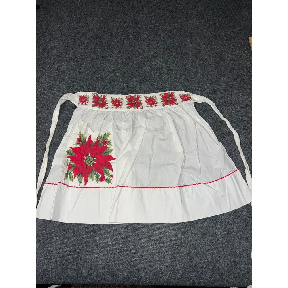 Vintage Christmas Poinsettia Half Apron White Cotton Rickrack Pocket One Size